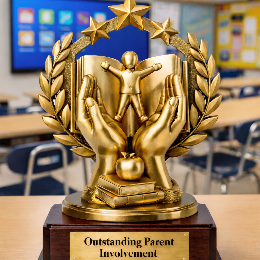 A gold-colored trophy sits on a wooden base with a nameplate that reads, "Outstanding Parent Involvement." The trophy's design features two large hands cradling a small human figure with outstretched arms in front of an open book. This central imagery is framed by a laurel wreath and topped with three stars. At the base of the sculpture, a gold apple rests on a small stack of books. The trophy is set against a blurred background of a classroom with desks and a digital screen.