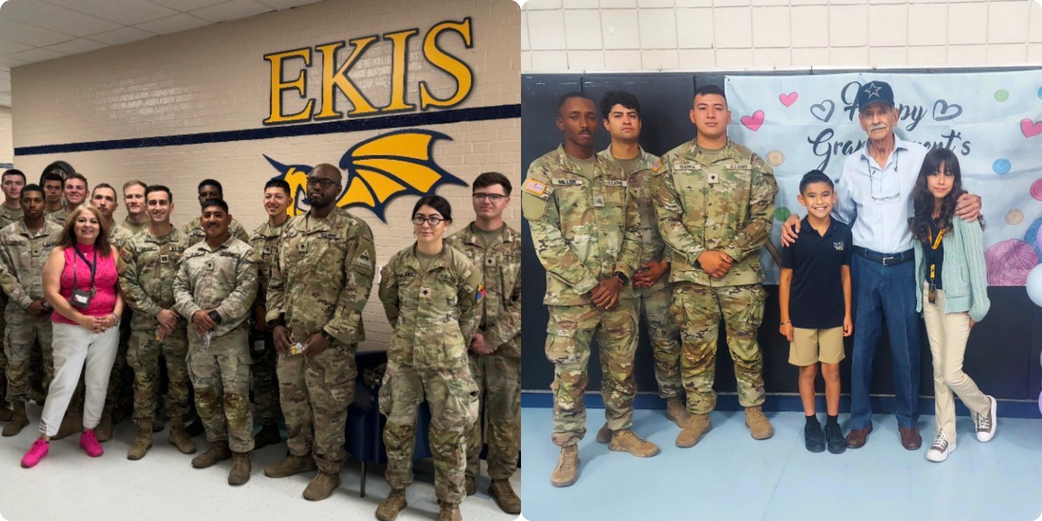 Photo of military service men and women at Eastwood Knolls International with the military liaison in front of the main office with the background wall showing the Eastwood Knolls logo.