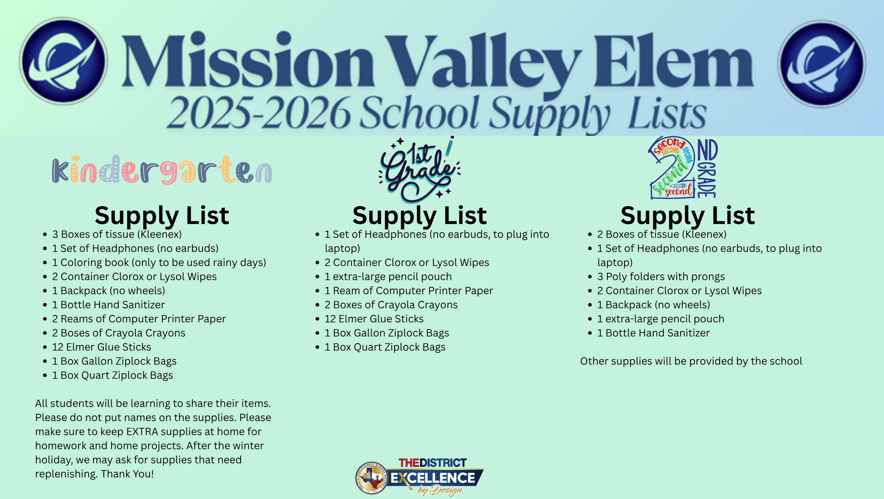 Kinder -2nd grade list of school supplies