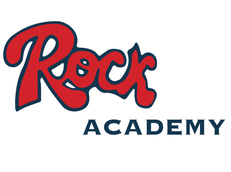 Logo for Rock Academy, a music school with text in a rock and roll font.