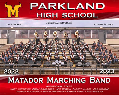 Flyer that says matador marching band additional staff: gaby cardenas • abel villalobos- ana garcia - albert valles - joe salazar andres rodriguez- mason stephens - ramsey perez • sam vasquez