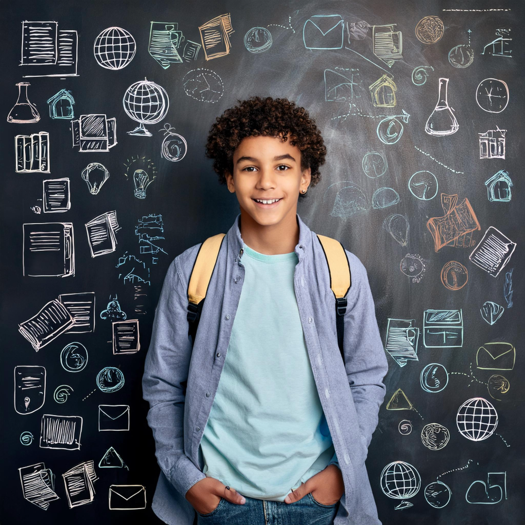 Boy standing in front of chalkboard