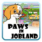 A cartoon depicting a brown and white dog with its tongue out, in front of a colorful image of a town named JOBLAND.