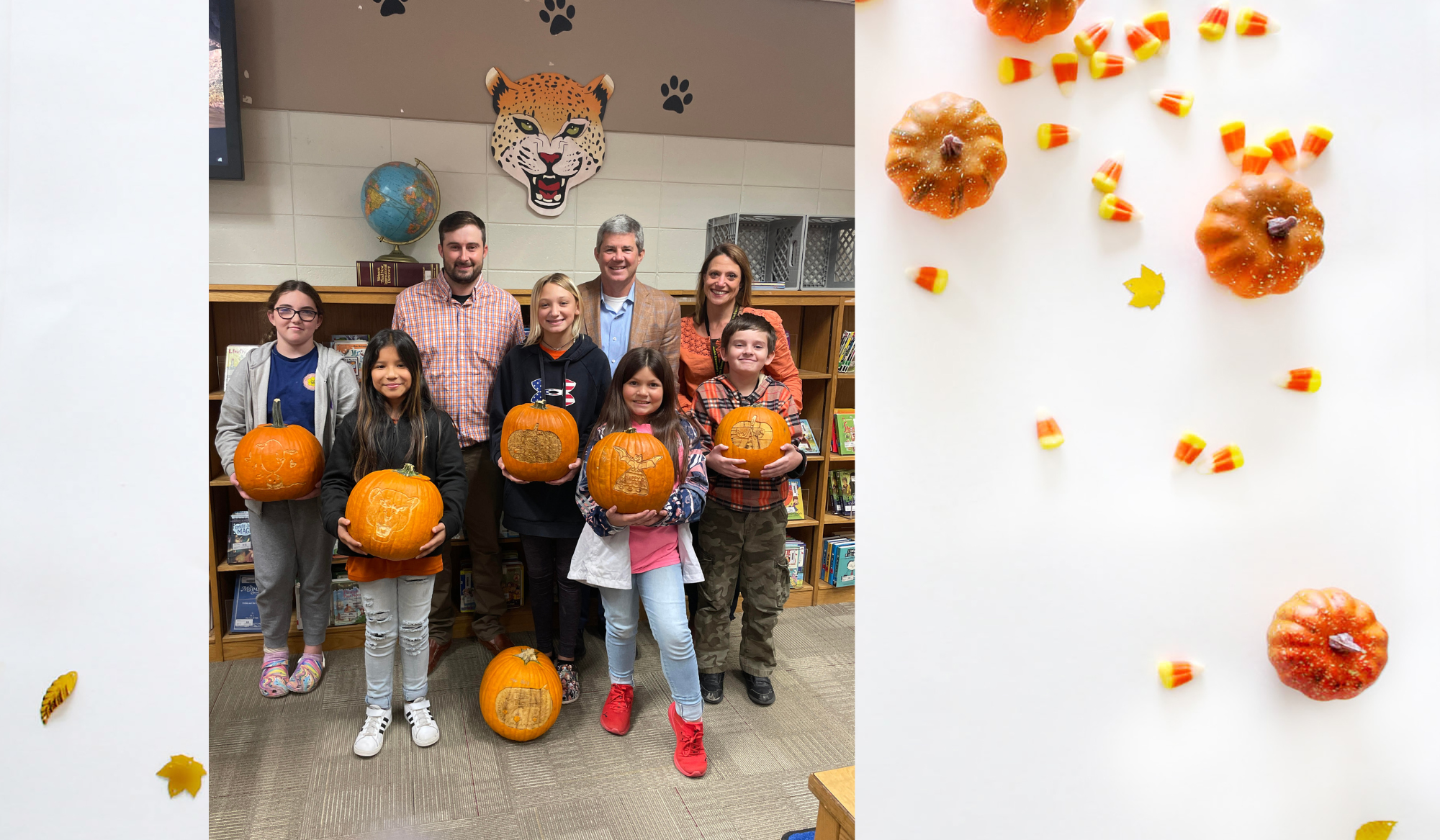Fifth Grade Students carving pumpkins