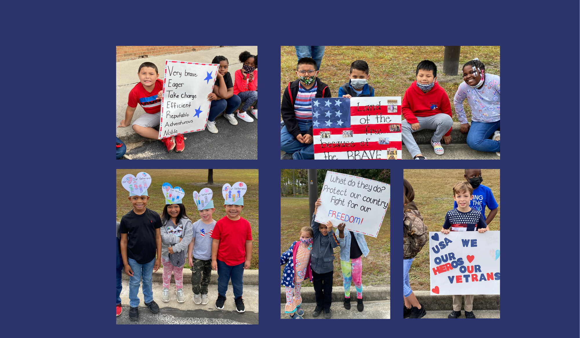 smiling students holding signs thanking veterans