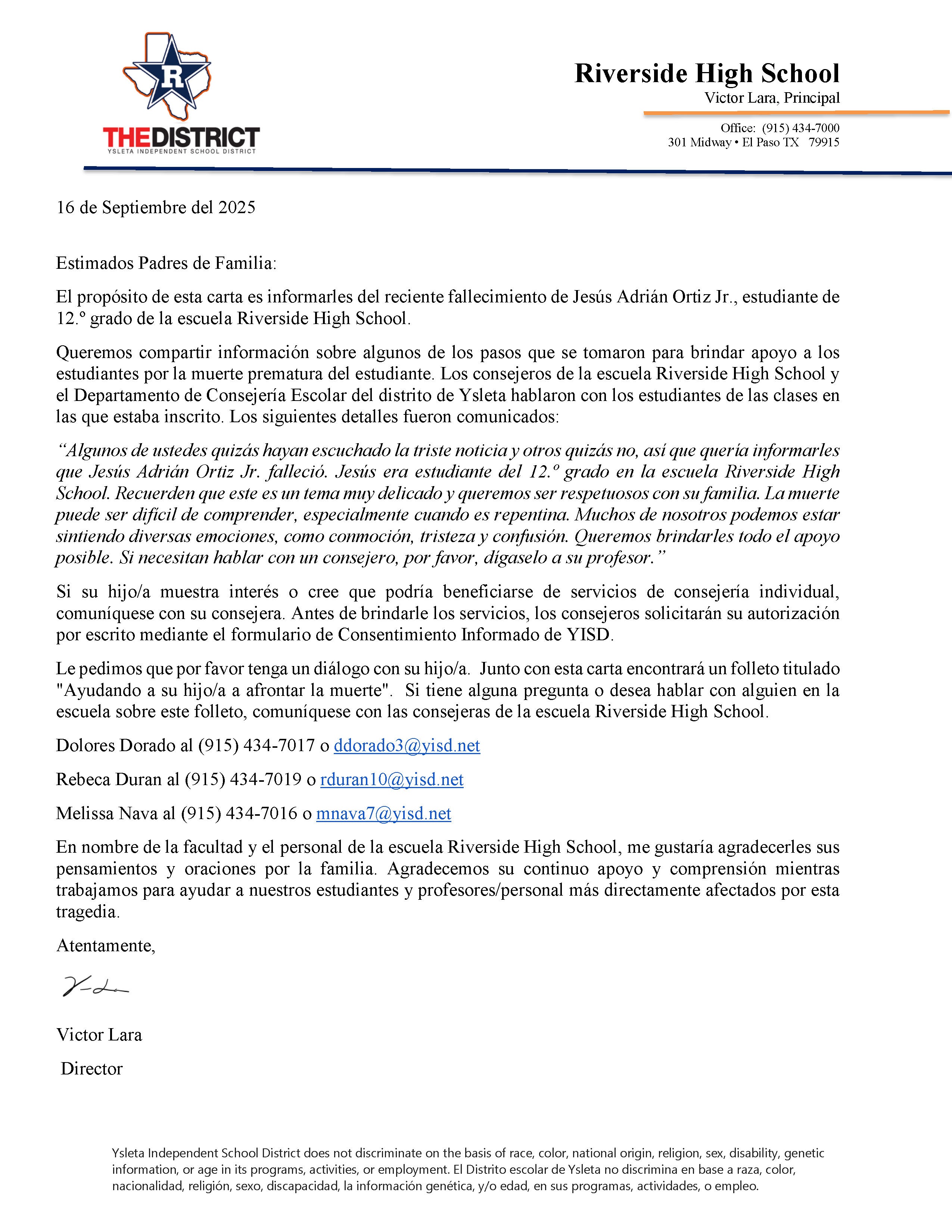 principal's Message espanol