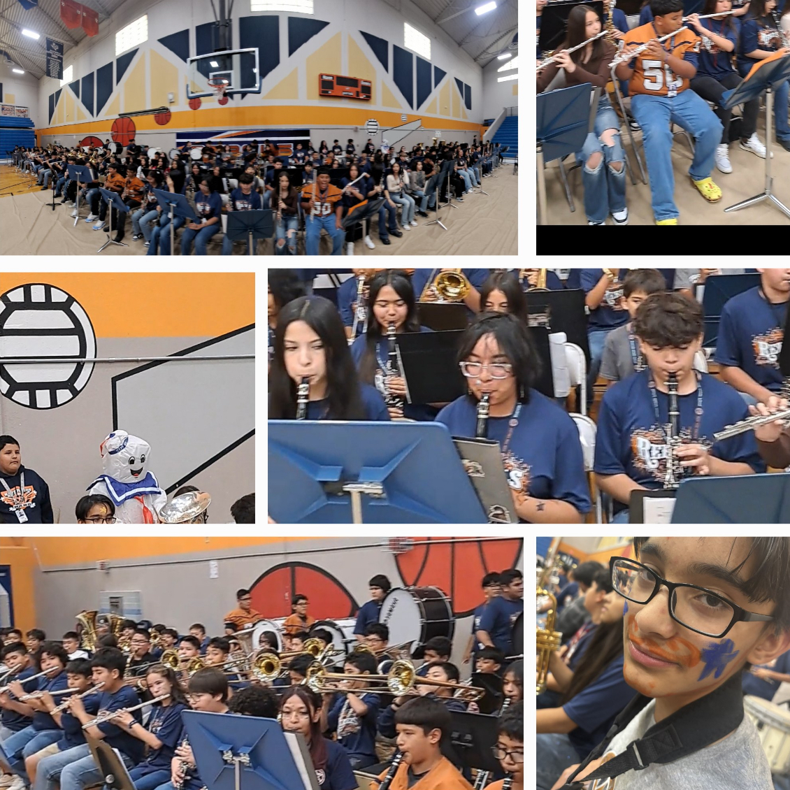 6 images together showing the band students with their uniforms performing for the school 