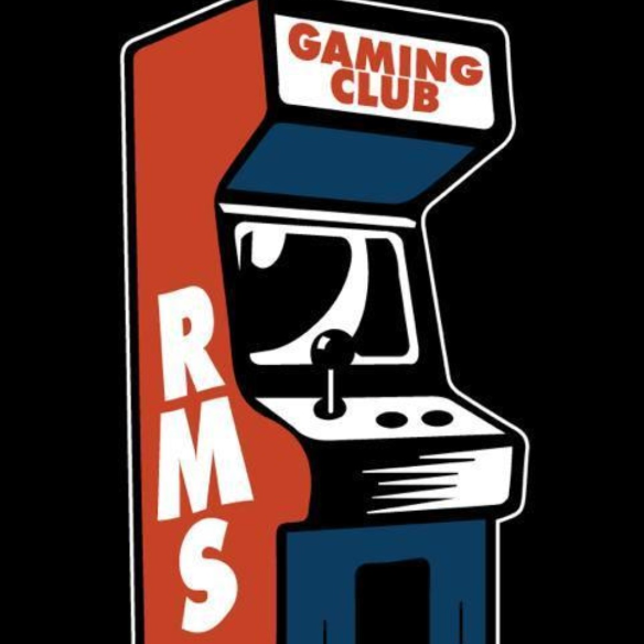 An arcade showing the initials for Riverside Middle on the side and at the top it says gaming club with a black background