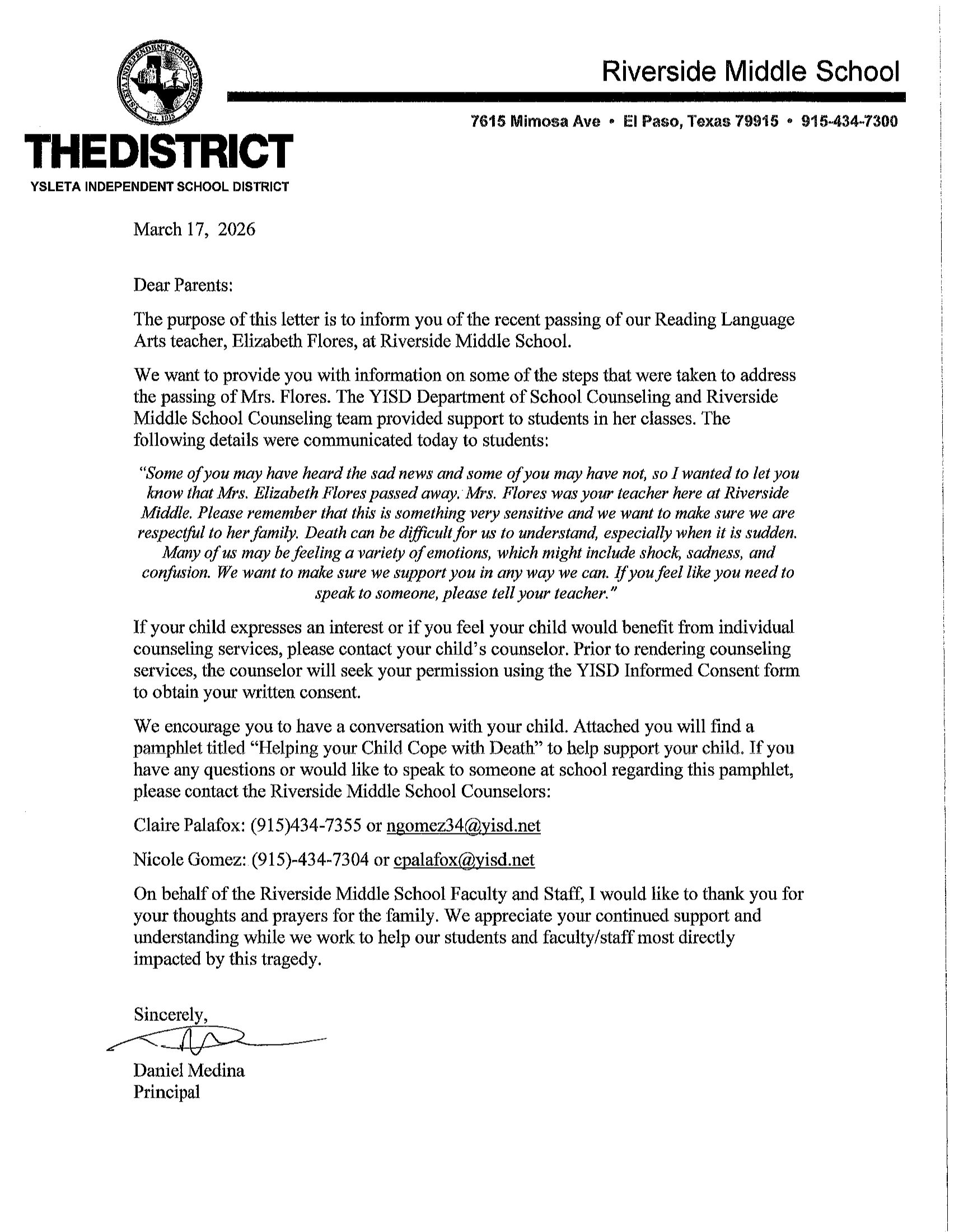 principal's Message- Flores