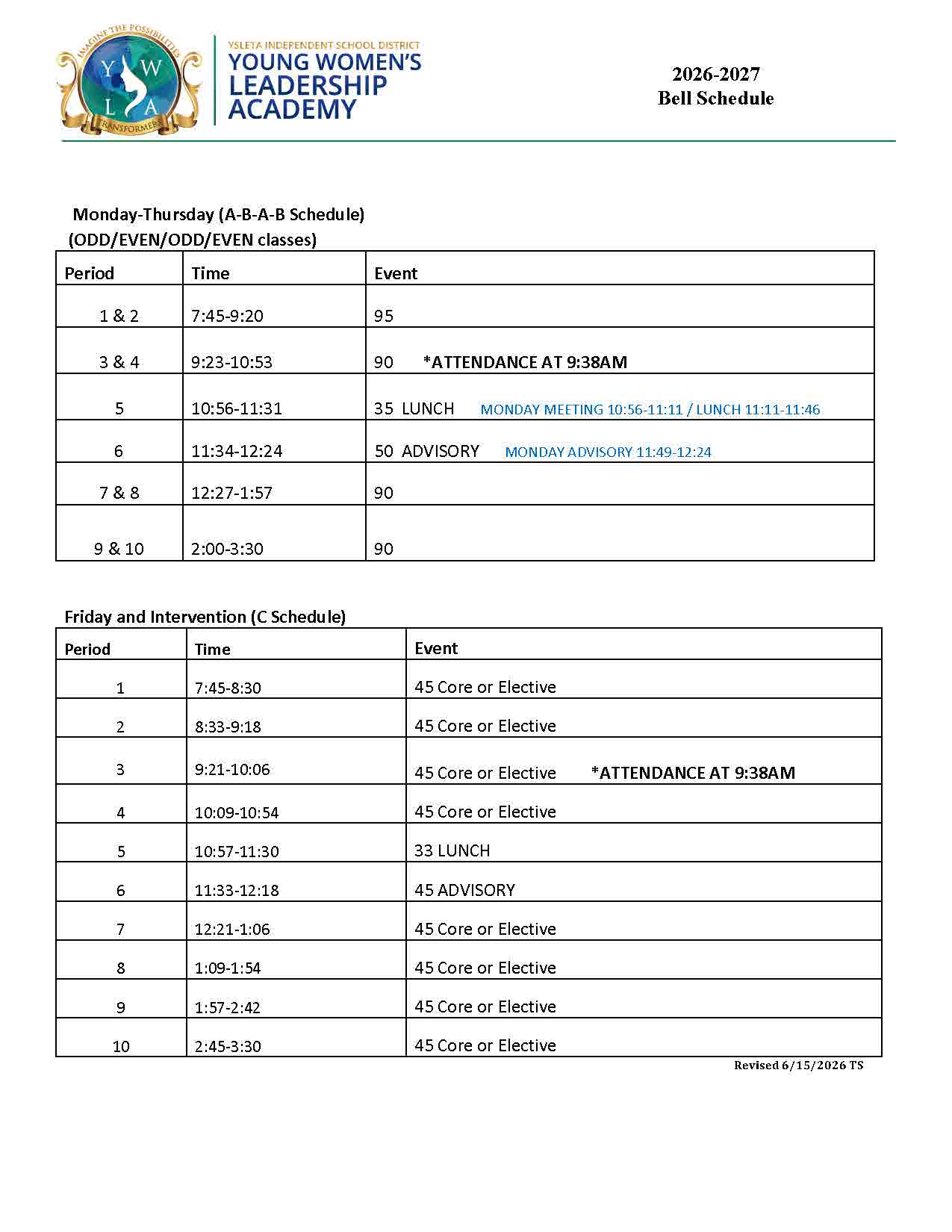 bell schedule for 26-27 school year