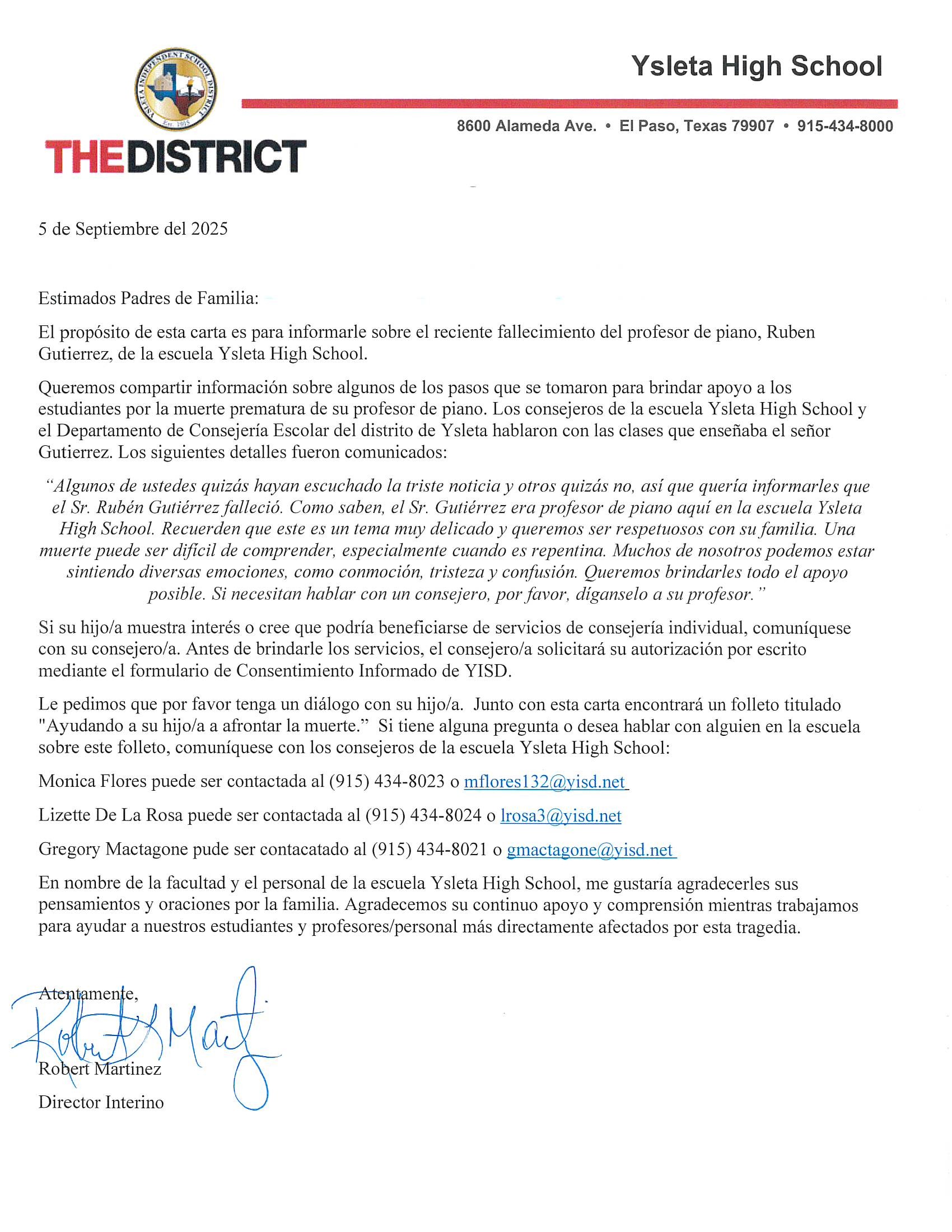 principal's Message espanol