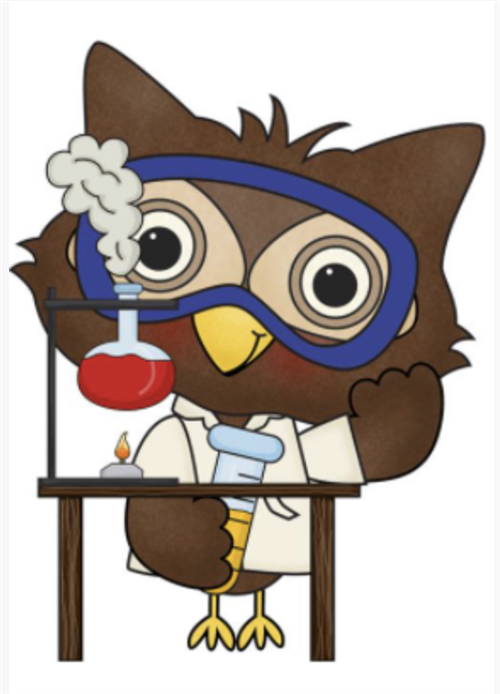 Animated Owl dressed as a scientist in a lab