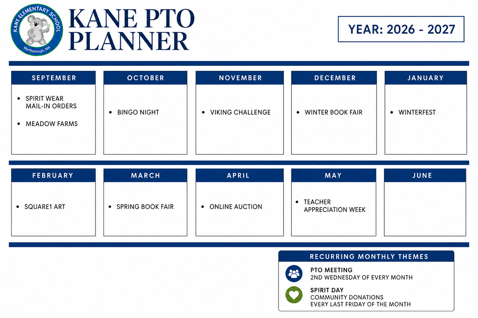 A planner with events for each month, including Spirit Wear, Bingo Night, and Teacher Appreciation Week, among others.