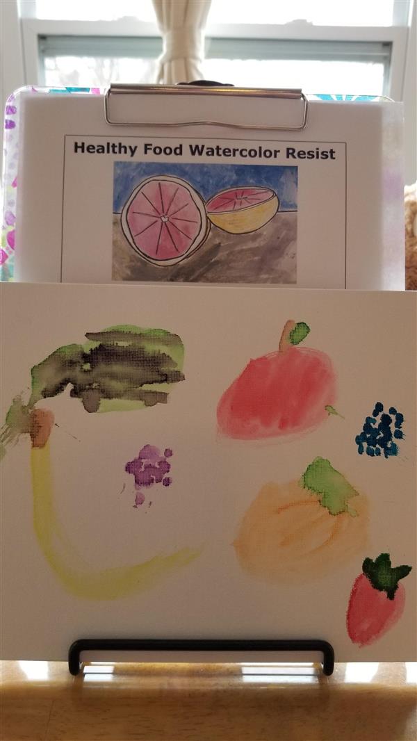 Watercolor painting of assorted fruits and vegetables on a board.