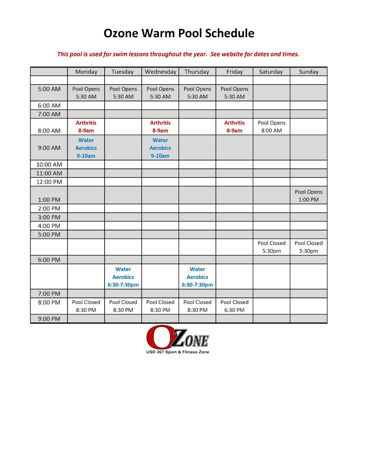 Ozone Warm Pool Schedule