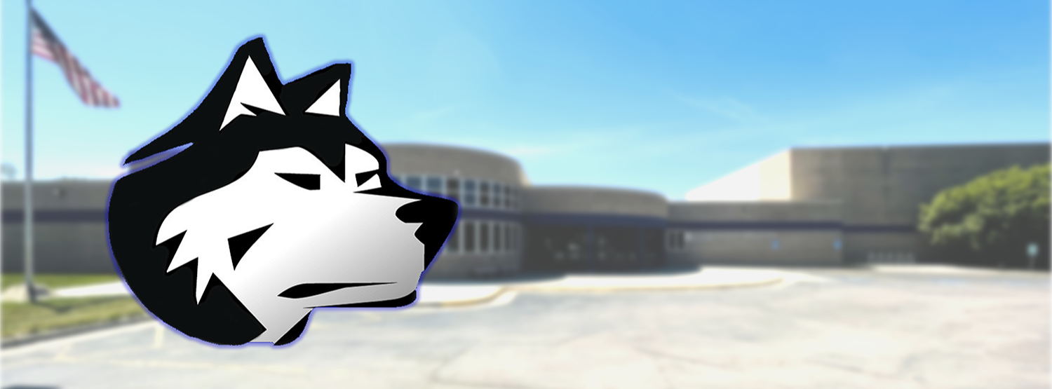 Husky dog logo with school building behind