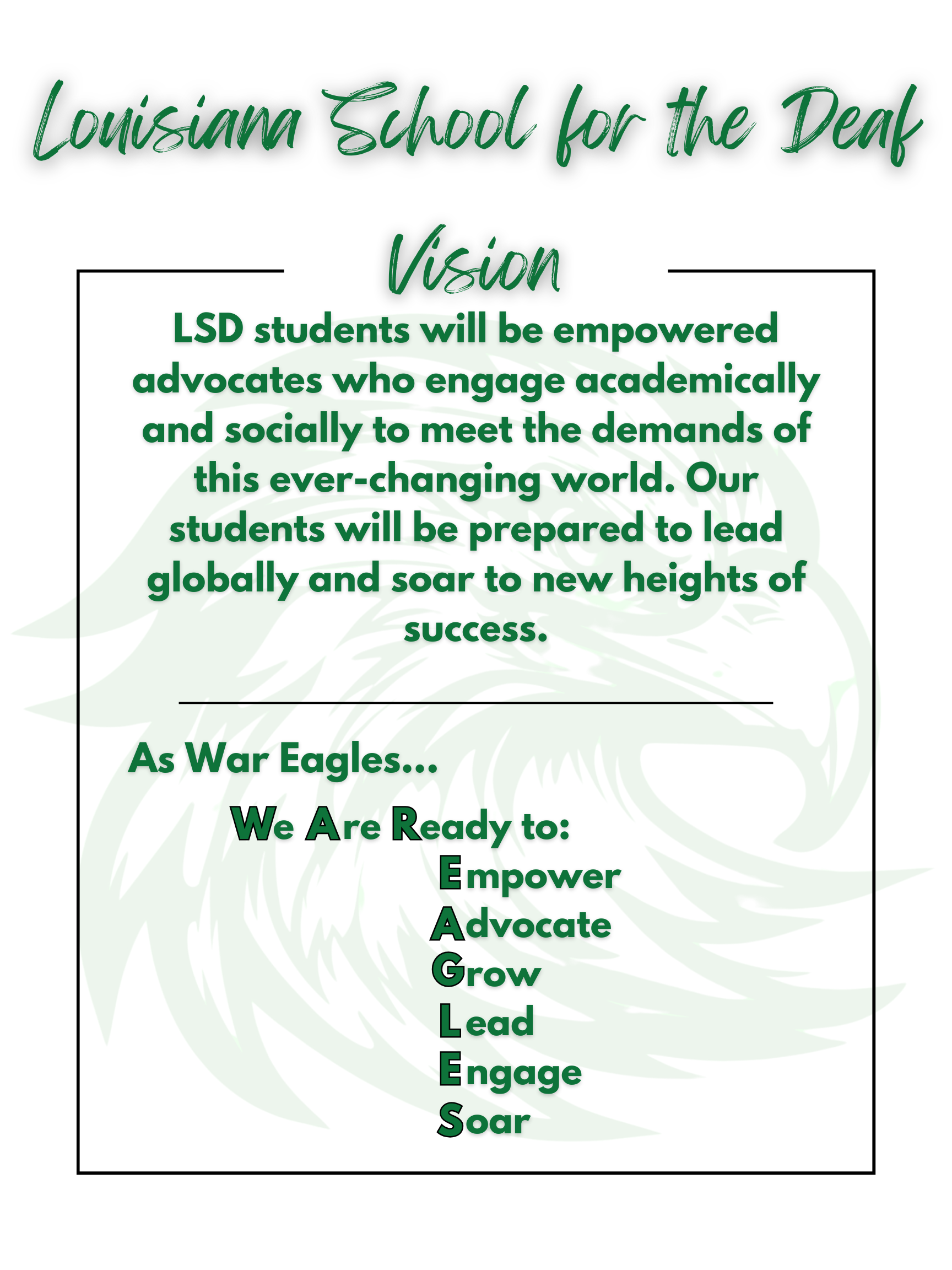 LSD Vision  We Are Ready to  Empower (yourself and others)   Advocate (yourself and community)   Globalize (develop or be developed so as to make international influence or operation possible)   Lead  Engage (Academically)  Soar  LSD’s students will be empowered advocates who engage academically and socially to meet the demands of this ever-changing world. Our students will be prepared to lead globally and soar to new heights of success. 