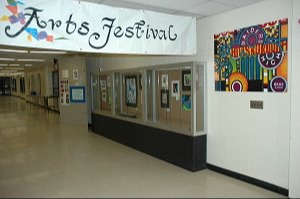 Arts festival banner hanging in the hallway of the school