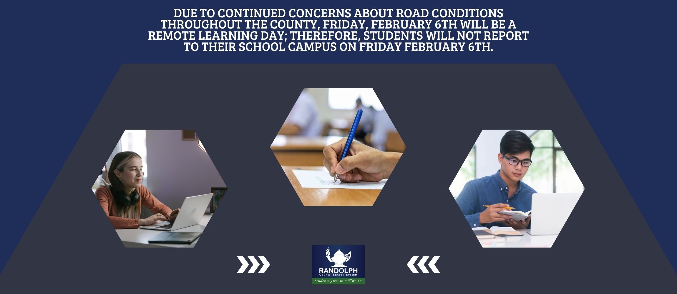 Due to continued concerns about road conditions throughout the county, Friday, February 6th will be a remote learning day; therefore, students will not report to their school campus on Friday February 6th.