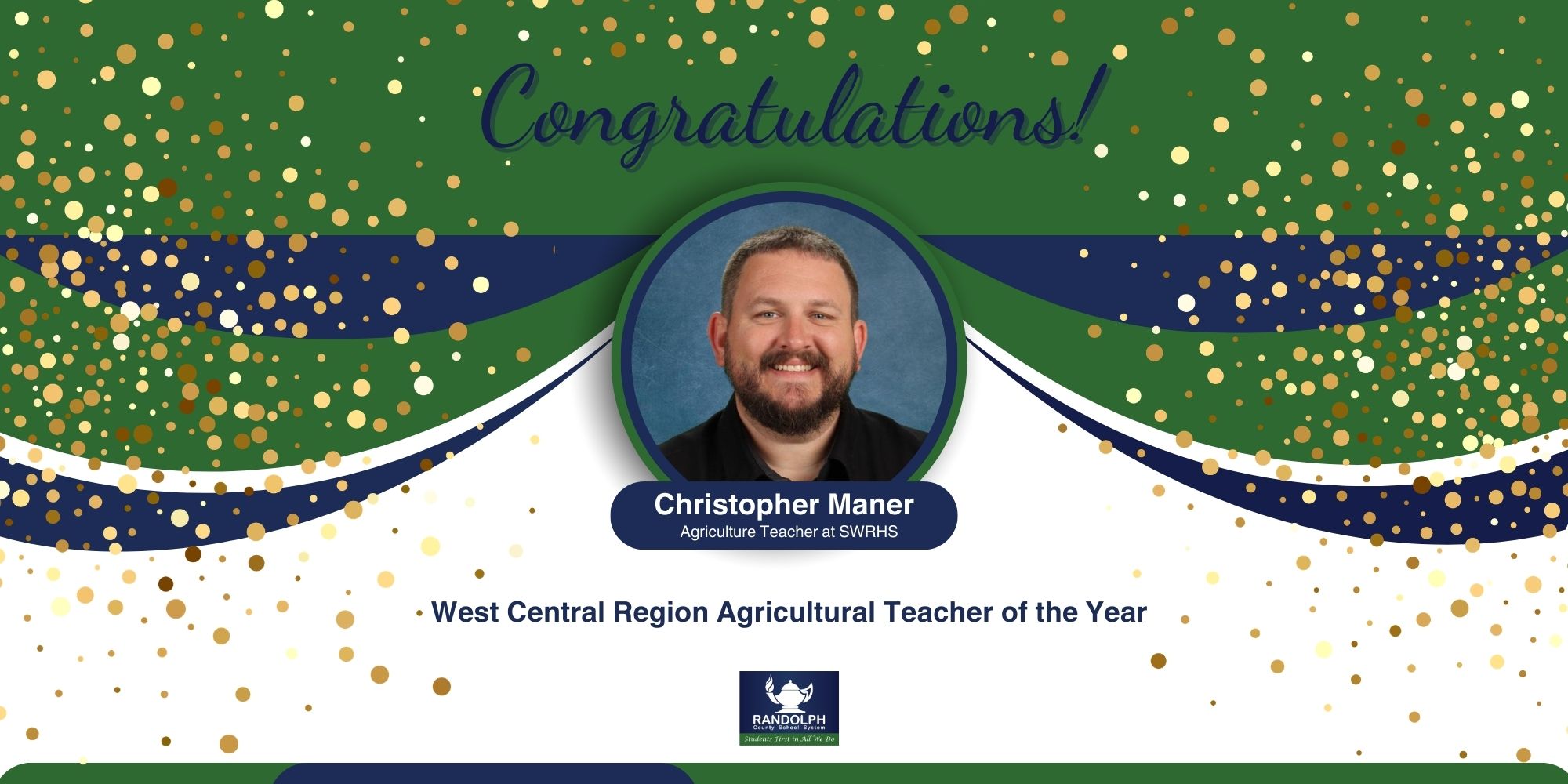 Congratulations to Christopher Maner, Ag teacher at SWRHS, for being named West Central Region Agricultural Teacher of the Year! One of eight selected statewide—one per region—he will be honored this summer at the CTE Summer Conference in Winston-Salem.