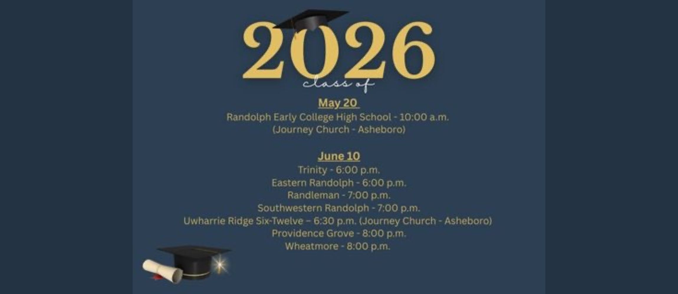 Randolph County School System Graduation Dates and Times!  Congratulations to the Class of 2026!