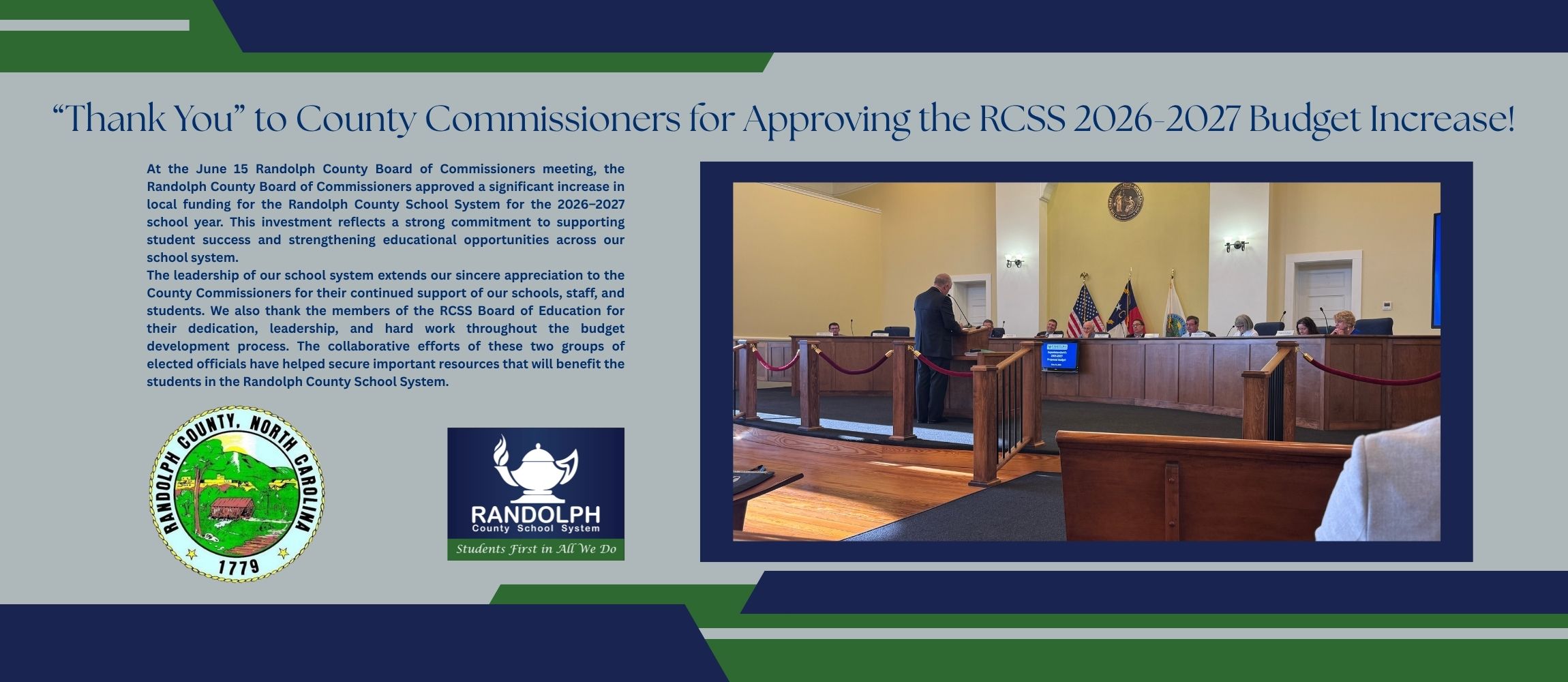 At Monday evening’s meeting, the Randolph County Board of Commissioners approved a significant increase in local funding for the Randolph County School System for the 2026–2027 school year. This investment reflects a strong commitment to supporting student success and strengthening educational opportunities across our school system. The leadership of our school system extends our sincere appreciation to the County Commissioners for their continued support of our schools, staff, and students. We also thank the members of the Board of Education for their dedication, leadership, and hard work throughout the budget development process. The collaborative efforts of these two groups of elected officials have helped secure important resources that will benefit the students in the Randolph County School System.