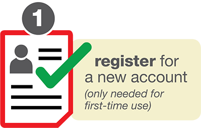 An icon for a profile with a green checkmark on the right, with the text 'Register for a new account (only needed for first-time use)' 