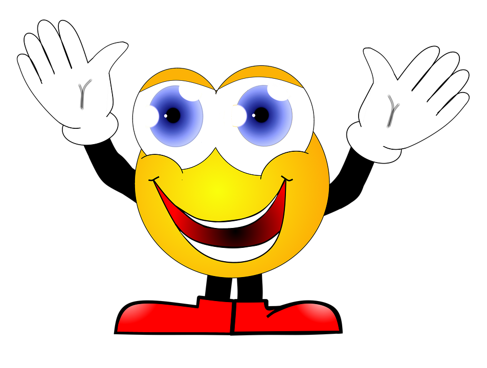 A cartoon smiley face with blue eyes and red shoes. The smiley face is smiling and waving its hands.