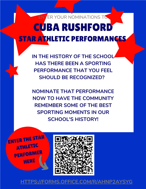 A blue and white poster with red and white stars, titled "Cuba Rushford Star Athletic Performances". The poster asks for nominations for the best sporting moments in the school's history.