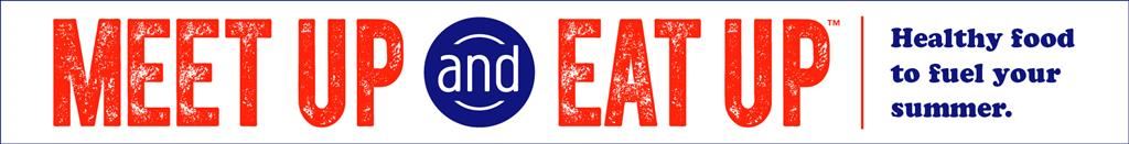 Logo for Meetup and Eat Up event featuring a fork and spoon crossed over a globe symbol, promoting community gatherings around food.