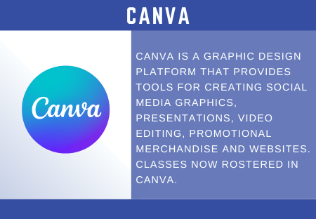 Canva iS a graphic design platform that provides tools for creating social media graphics, presentations, Video Editing, promotional merchandise and websites. Classes now rostered in canva.