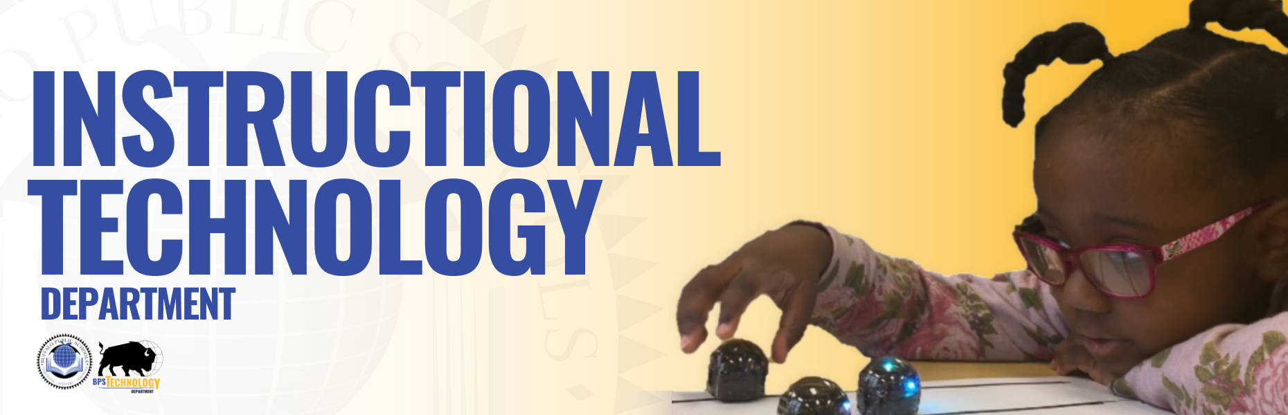 Instructional Technology Banner of Teacher Reading to Child and a child playing with robots