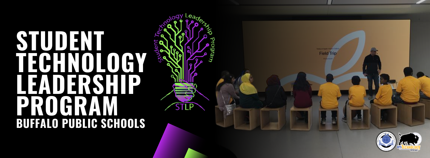 Student Technology Leadership Program  STLP logo. Students pictured sitting listening to a presenter on a field trip