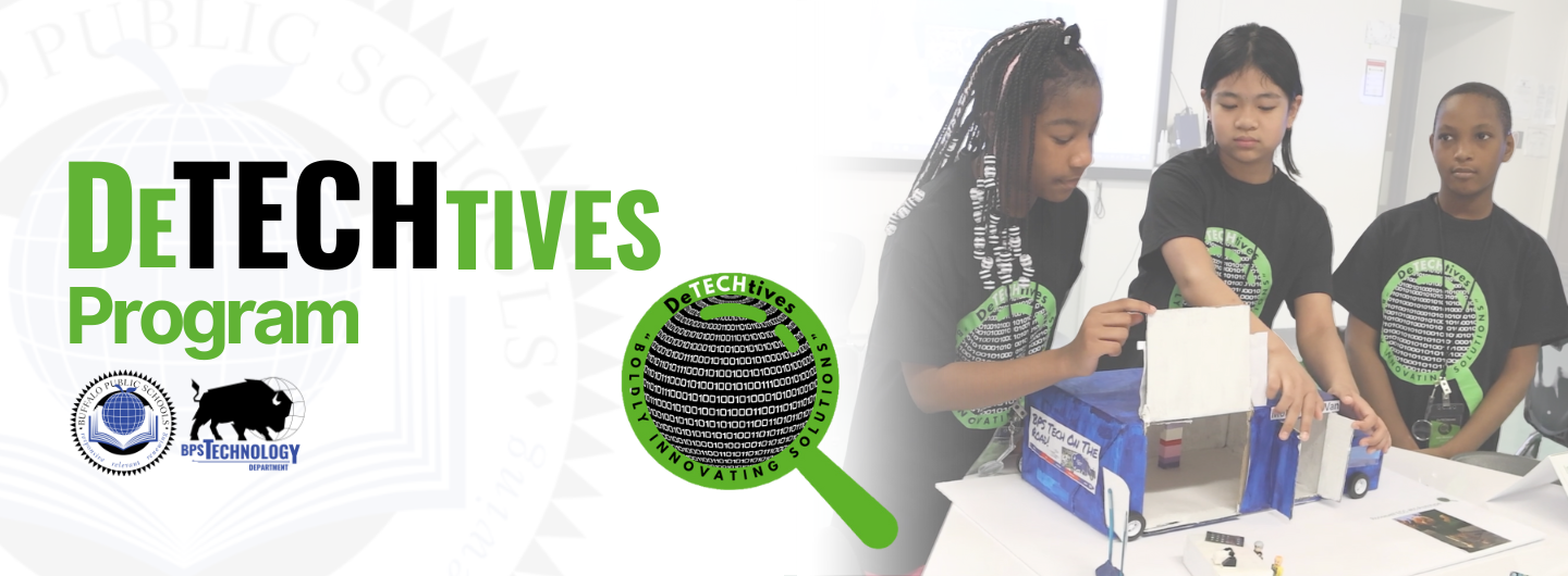 DeTECHtives Program | DeTECHtivs Logo | 3 students presenting thier work