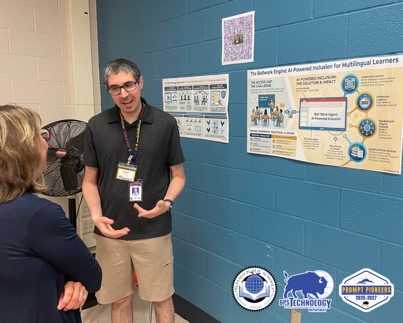 Teacher presenting their research findings to another professional