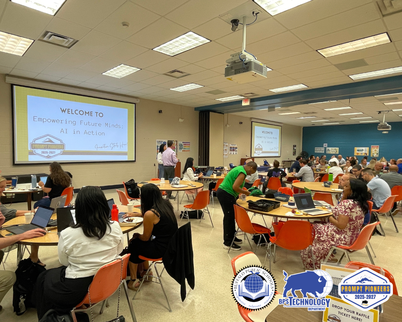 Large room with people sitting at tables