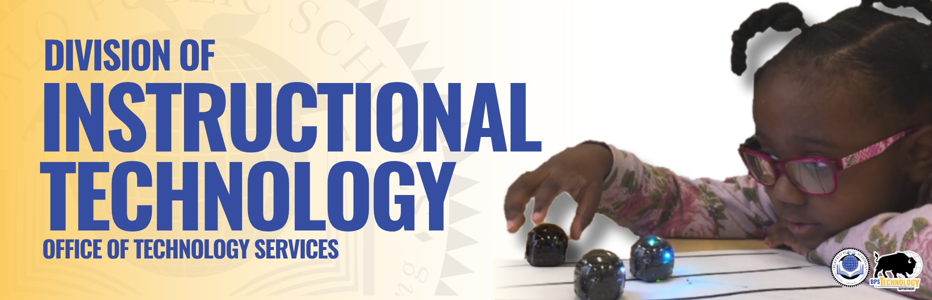 Instructional Technology Banner of Teacher Reading to Child and a child playing with robots