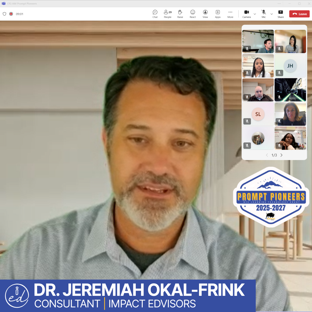 virtual meeting. Dr. Jeremiah Okal-Frink spearking consultant impact edvisors
