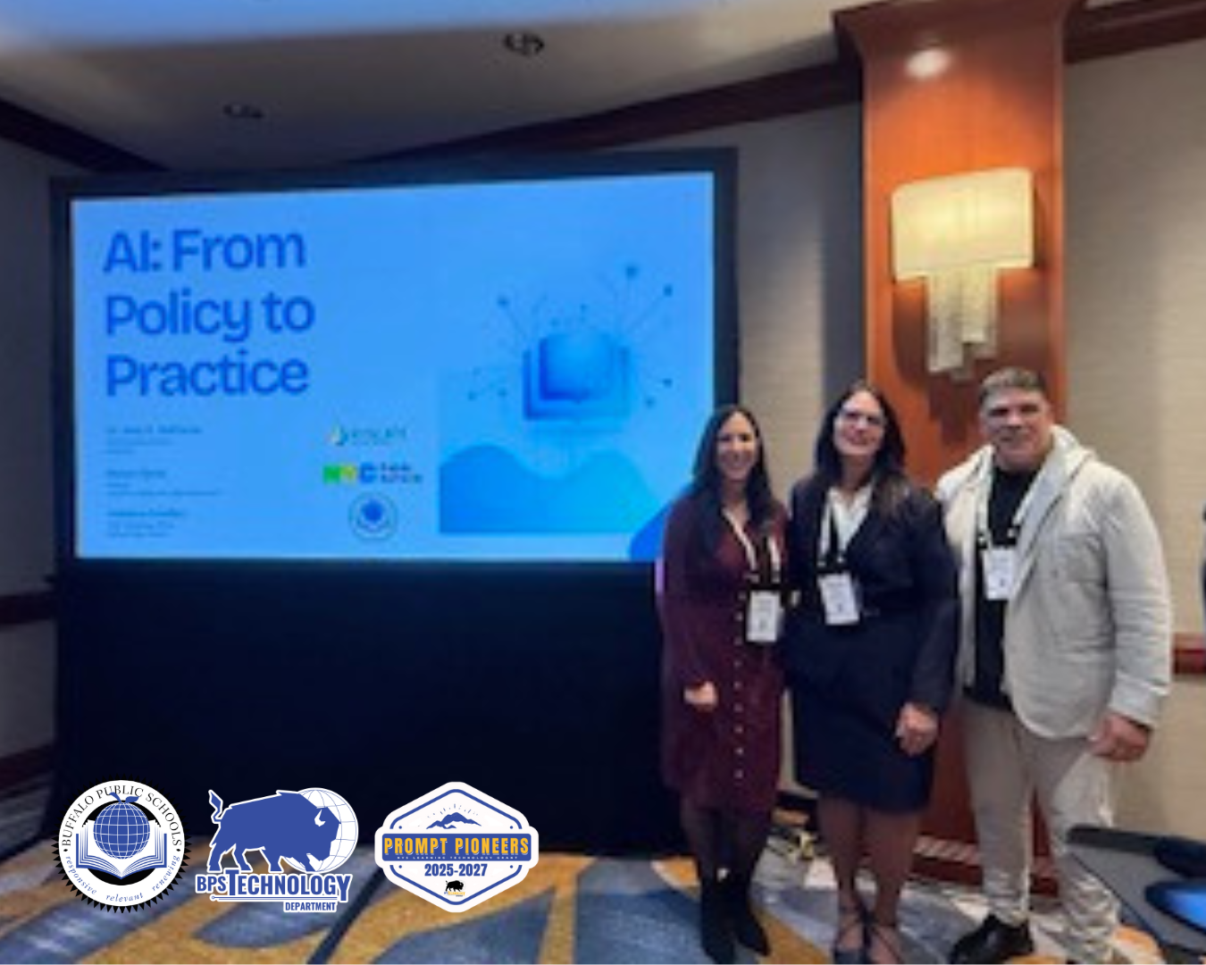 CTO Julianna Sciolino in front of a Board that says AI: From Policy to Practice with two other people