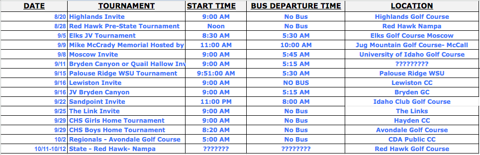 Golf Schedule 2025