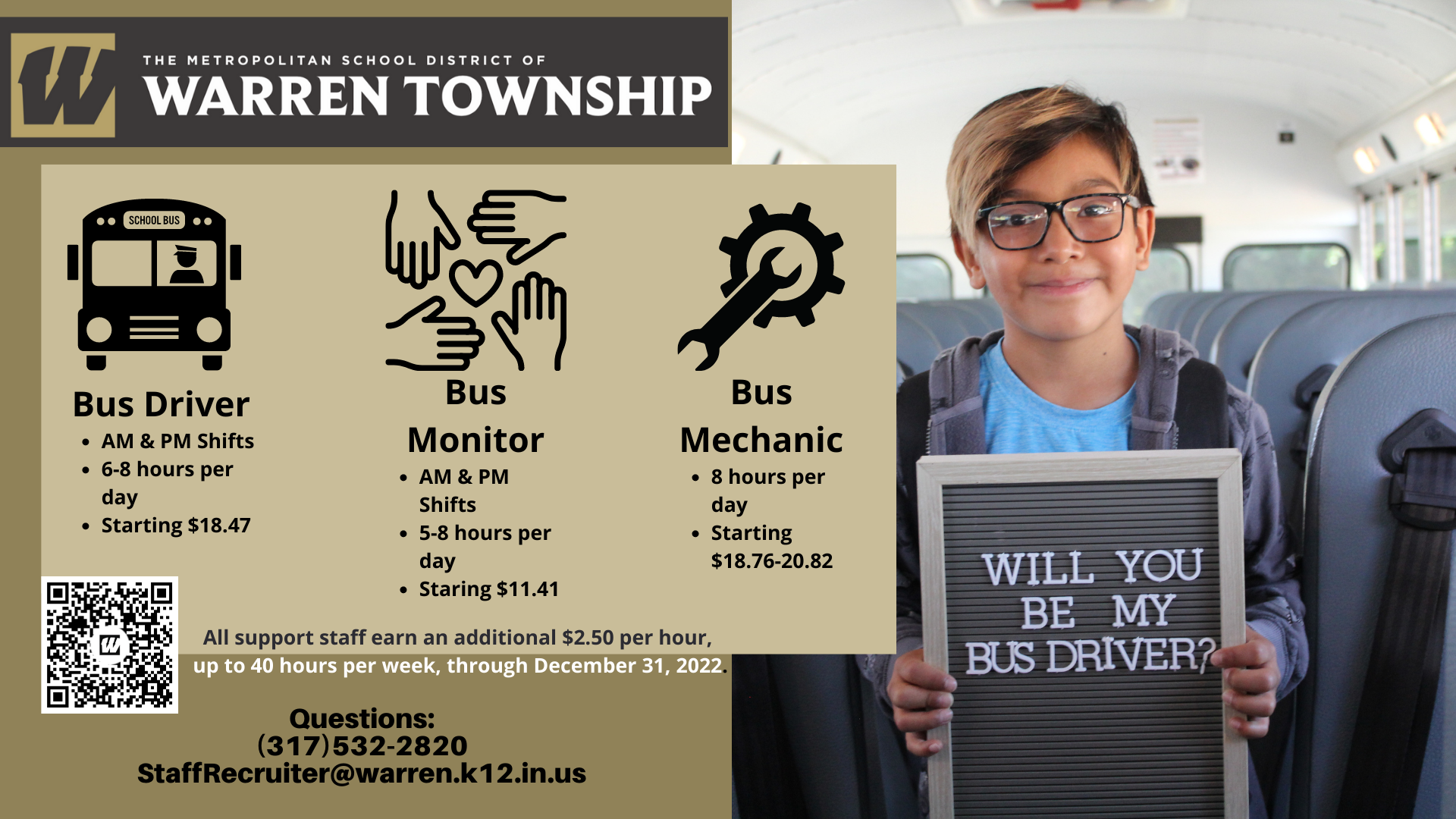 Bus drivers wanted. Call or email  (317)532-2820 or  StaffRecruiter@warren.k12.in.us