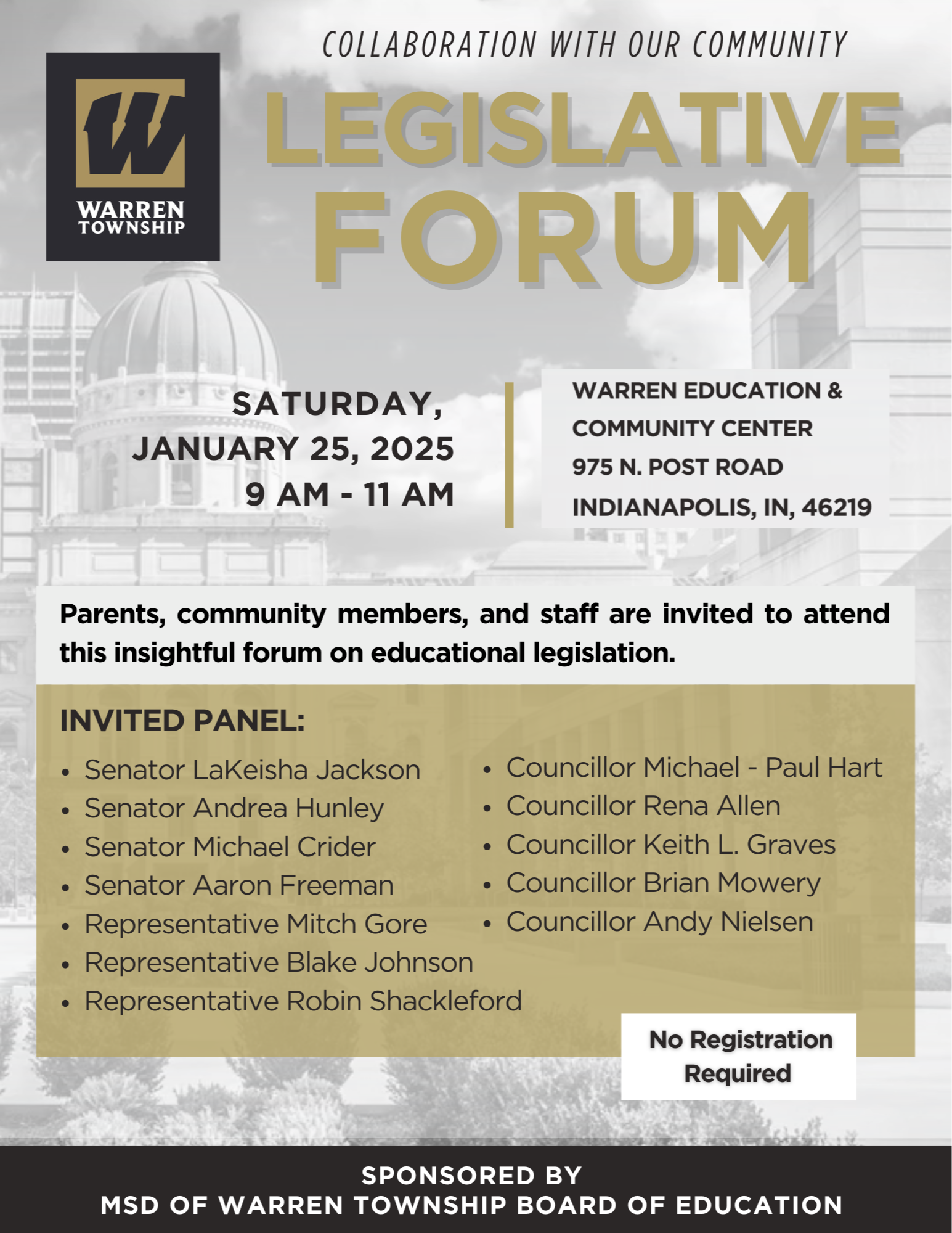 Legislative Forum Saturday January 25th from 9-11am