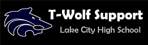 Image says T-Wolf Support Lake City High School. Clicking on this image will bring you to a form to fill out a needs survey for students and families.