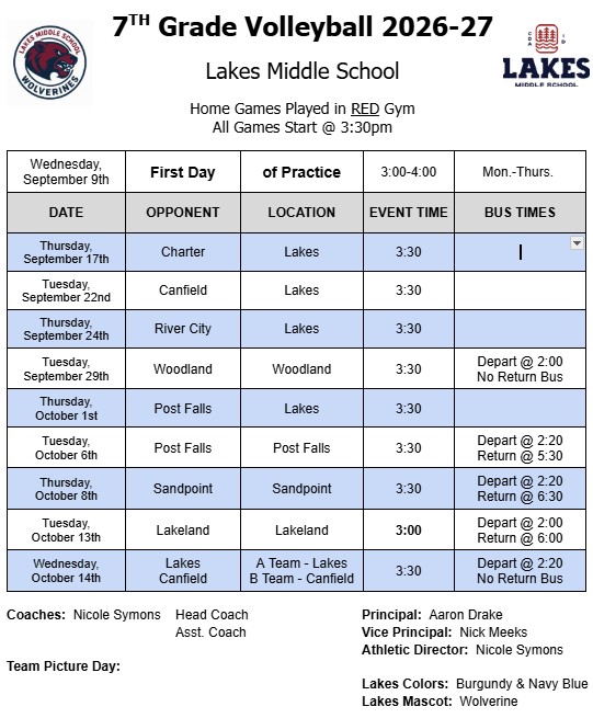 7th Grade Volleyball Schedule