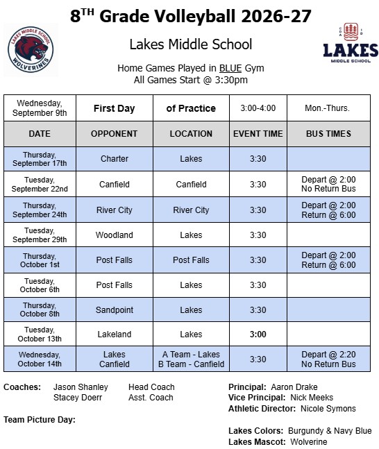 8th Grade Volleyball Schedule