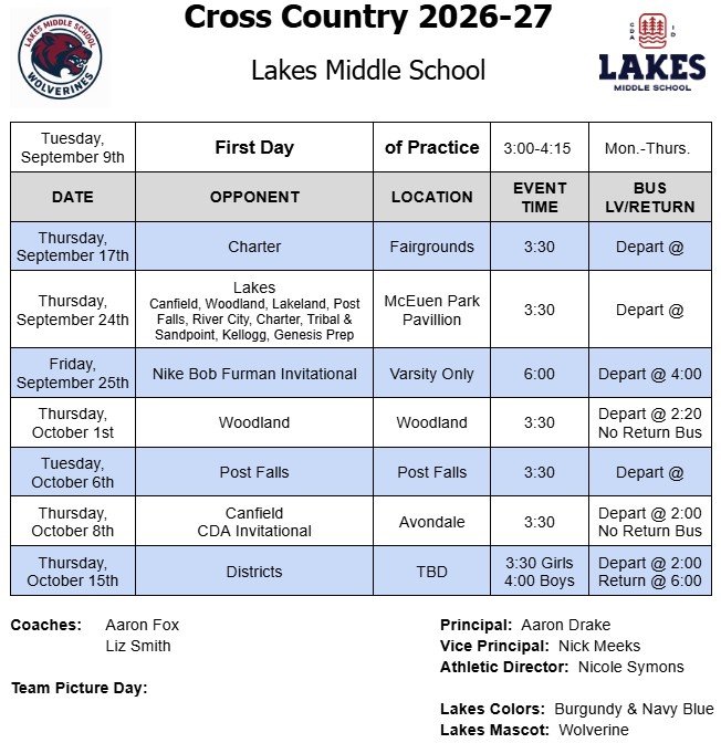 Cross Country Schedule