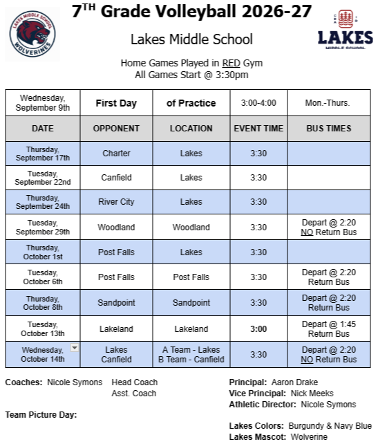 7th Grade Volleyball Schedule