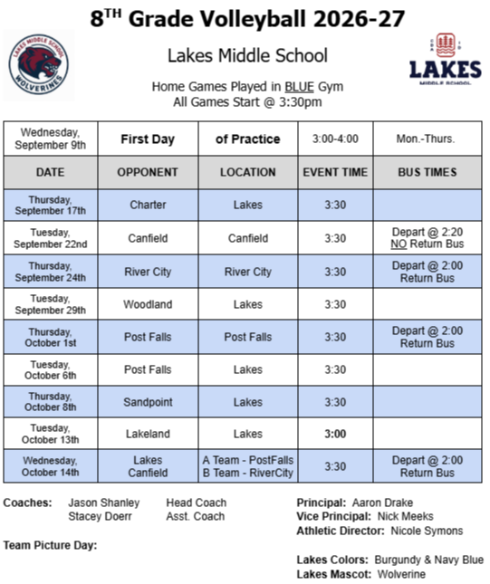8th Grade Volleyball Schedule