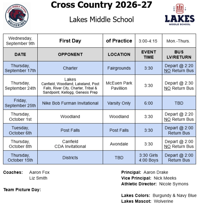 Cross Country Schedule