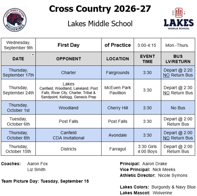 Cross Country Schedule